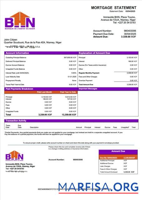 Realistic Niger Banque de l'Habitat du Niger (BHN) mortgage statement Word and PDF template